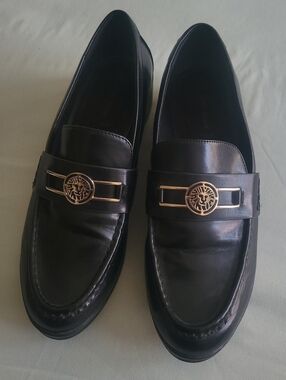 Black Anne Klein Faux Leather Loafers with Gold Accent